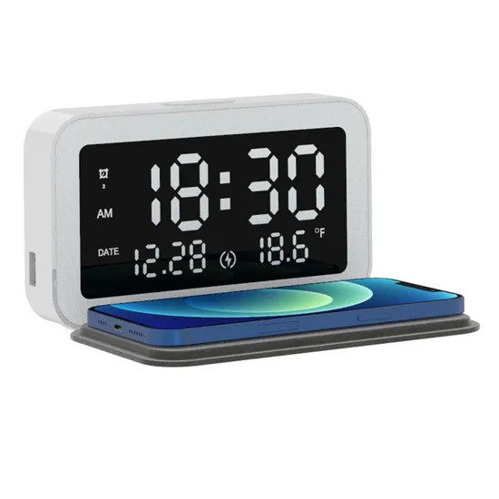New Arrival LED Electric Alarm Clock Digital Thermometer Data Display Alarm Clock 15W Wireless Charger for Mobile Phone 