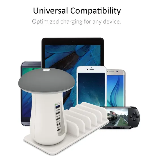 New design 5 in 1 Qi fast USB charging station and wireless charger with mushroom LED lamp 
