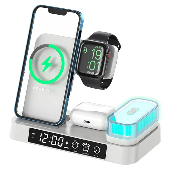 A37 3 in 1 Phone Watch Earphone 15W Wireless Charger Folding Alarm Clock RGB LED Night Light 